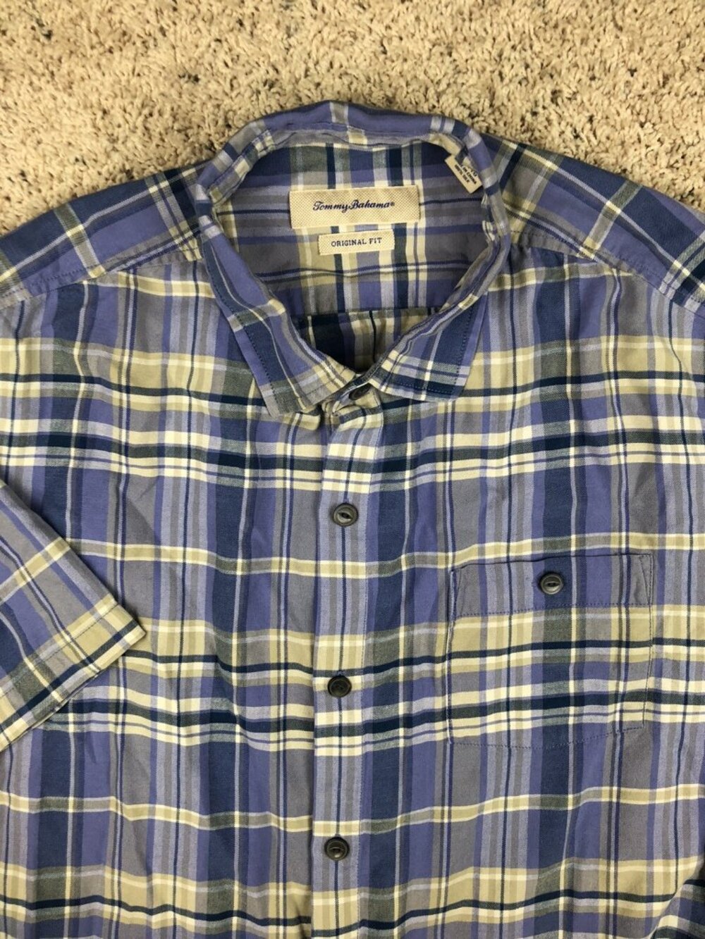 Tommy Bahama Blue Plaid Short Sleeve 100% Silk Button Up XL X-Large Casual